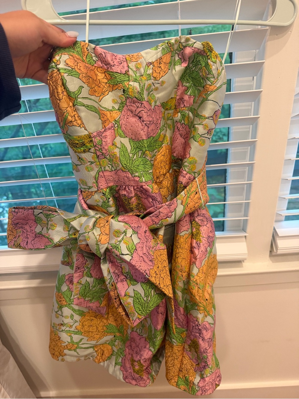 Strapless Floral Mini Dress with Waist Tie in Pink & Yellow